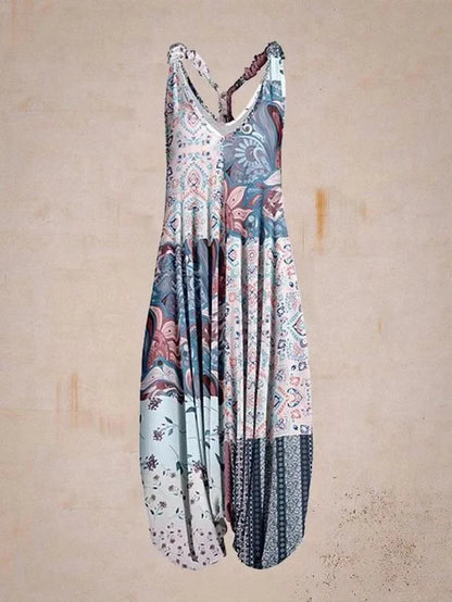 Bohemian Wide Leg Jumpsuit - Vintage Mandala Paisley Print Loose Fit Backless Women Harem Romper