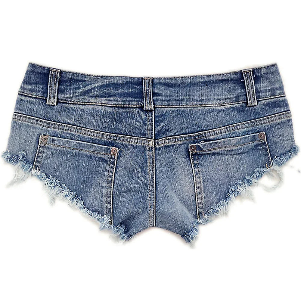 887# Sexy Low-Waist Perforated Denim Shorts — High-Elastic Summer Fashion Jeans for Women, Night Club Party Style