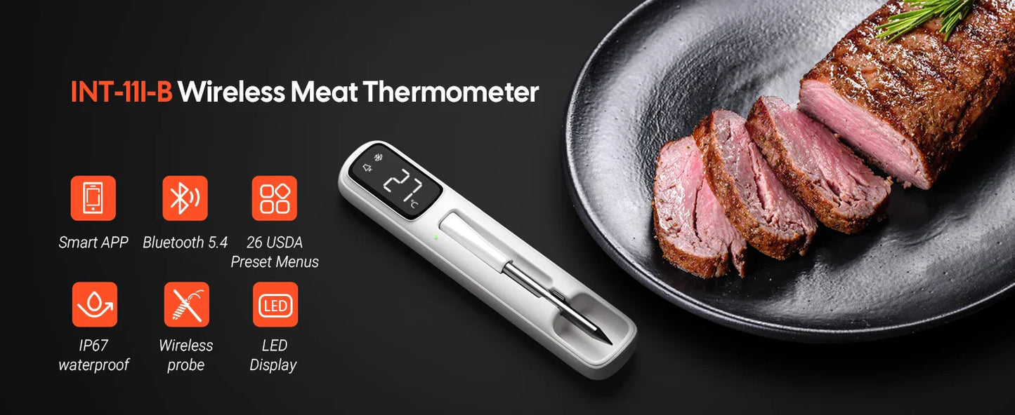 INKBIRD INT-11I-B Mini Wireless Meat Thermometer — Bluetooth 5.4, 1000ft Range, 1s Response, IP67, 26 Presets with LED Display for BBQ & Grill