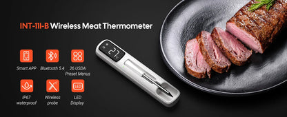 INKBIRD INT-11I-B Mini Wireless Meat Thermometer — Bluetooth 5.4, 1000ft Range, 1s Response, IP67, 26 Presets with LED Display for BBQ & Grill
