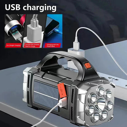 Portable USB Rechargeable Flashlight: Solar LED Light with COB Work Light - Powerful 4-Gear Charge Mobile Phone Camping Lamp