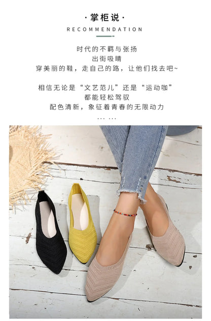Women’s Solid Color Pointed Toe Knitted Slip-On Flats – Casual Breathable Ballet Loafers