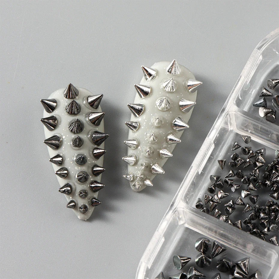 Metallic Rivet Nail Charms - 6-Grid Gold, Silver & Black Punk Spike Studs for Nail Art & DIY Designs