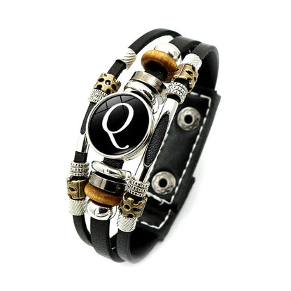 A-Z English Letters Leather Bracelet - 26 Initial Cabochon Glass Snap Wristband for Men & Women, Couple Gift