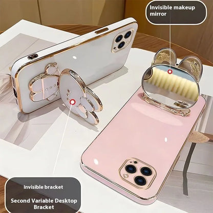 Cute Rabbit Foldable Mobile Phone Stand – 360° Rotating Desktop Holder with Sticky Back for Makeup & Phone Support