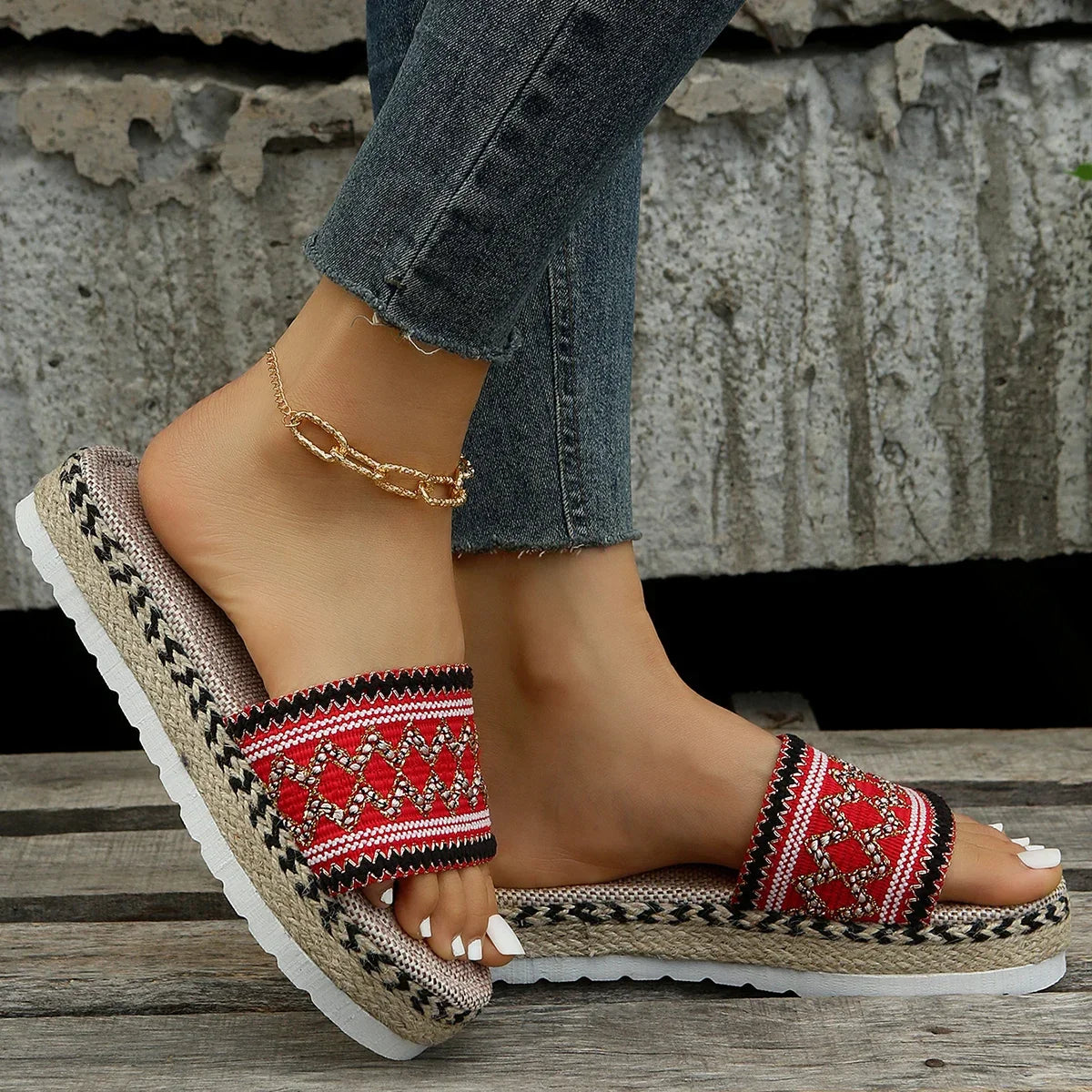 Bohemian Weave Women's Platform Slippers – Handmade Espadrille Sandals, Summer 2023 Beach & Casual Heels