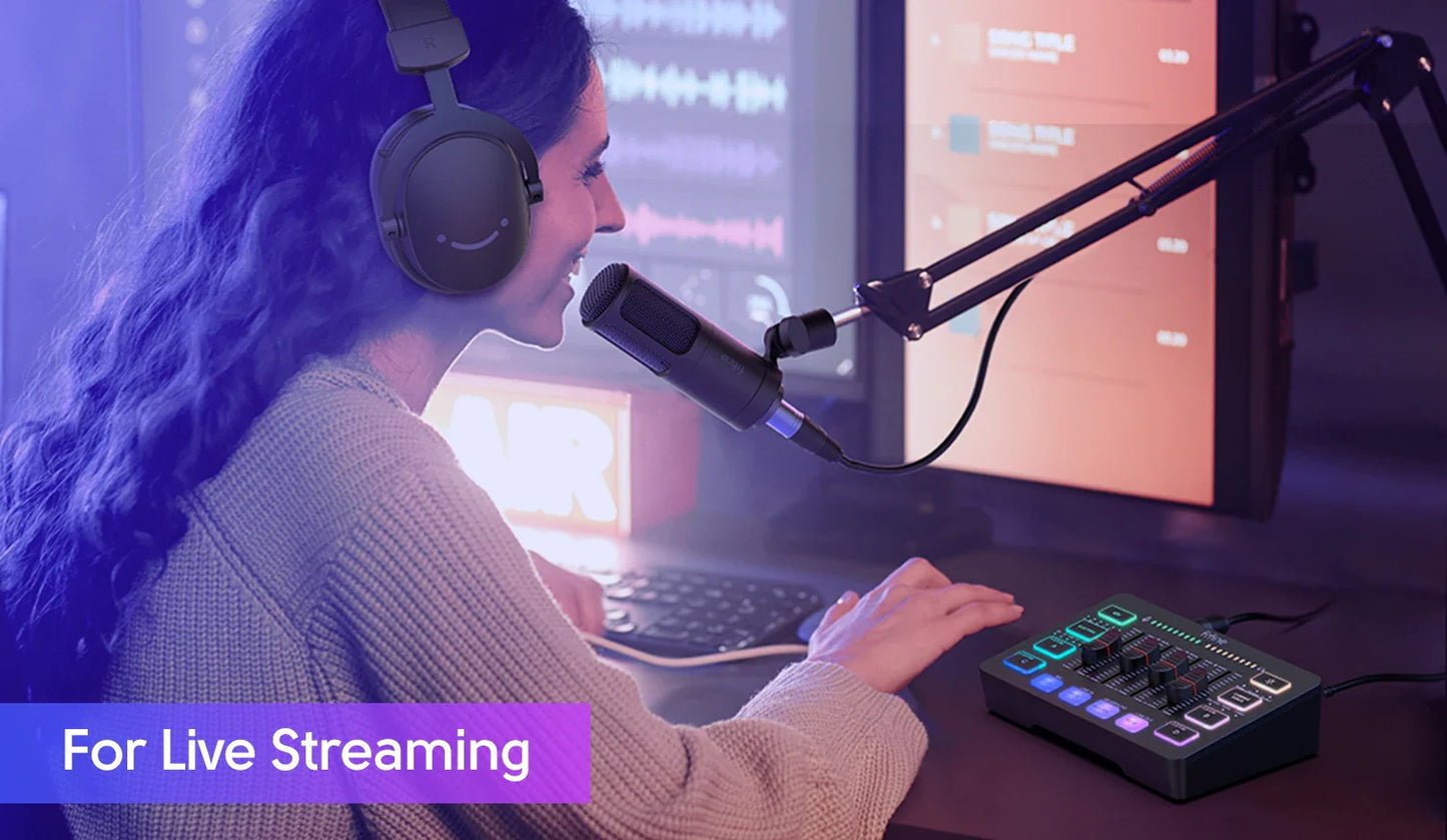 FIFINE 4-Channel RGB Gaming Audio Mixer – XLR Mic Interface for Streaming, Podcast & Game Voice