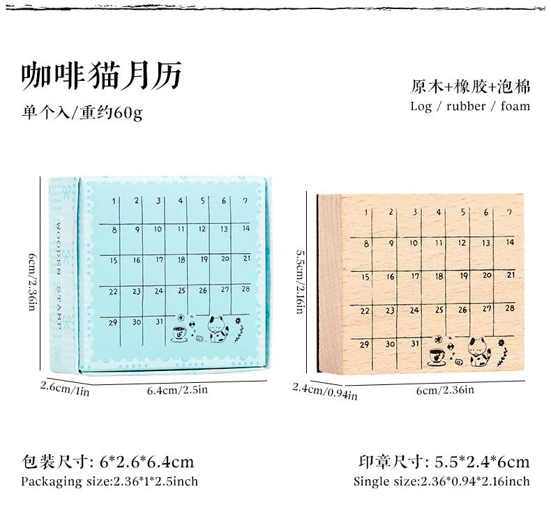 Cute Cat Wood Stamp Calendar – Daily & Monthly Planner Stamps for Journaling, Scrapbooking & DIY Crafts