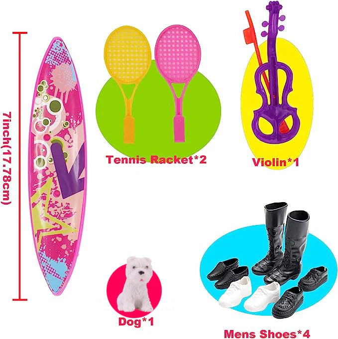 Ken Doll Accessories Set – Clothes, Shoes, Surfboard, Guitar, Violin & More for Kids Birthday Gift