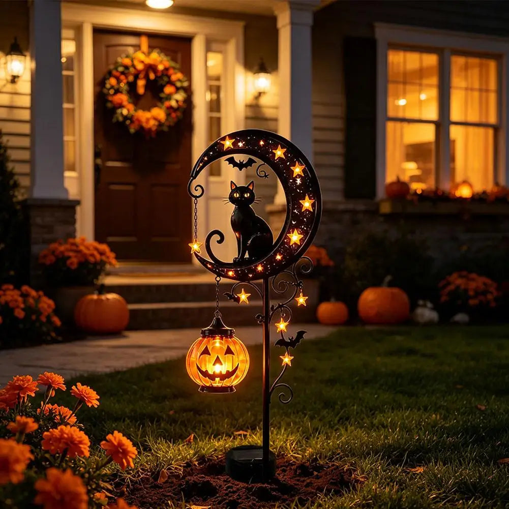 Halloween Garden Stake Light - Black Cat & Pumpkin Moon Outdoor Waterproof Metal Decor