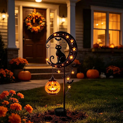 Halloween Garden Stake Light - Black Cat & Pumpkin Moon Outdoor Waterproof Metal Decor
