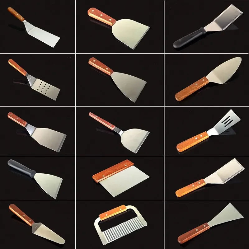 Multi-Purpose Stainless Steel Shovel Spatula with Wooden Rubber Handle - BBQ, Pizza, Steak, Pastry, and More!