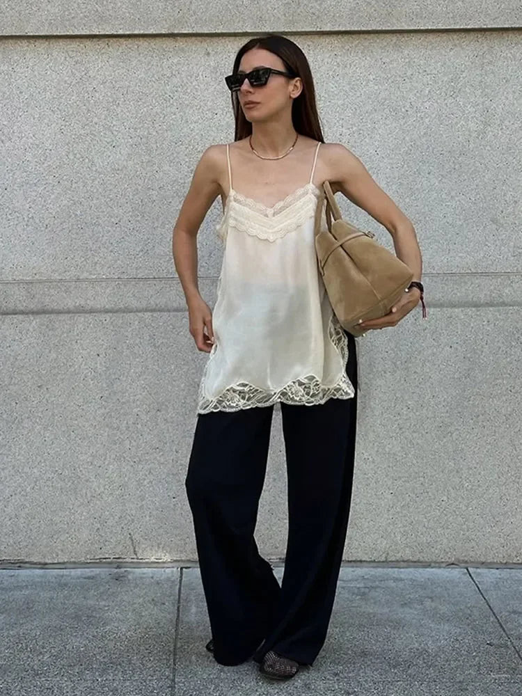 Women’s Lace Patchwork Sleeveless Sling Top – Square Neck Backless Sheer Club & Vacation Blouse 2025