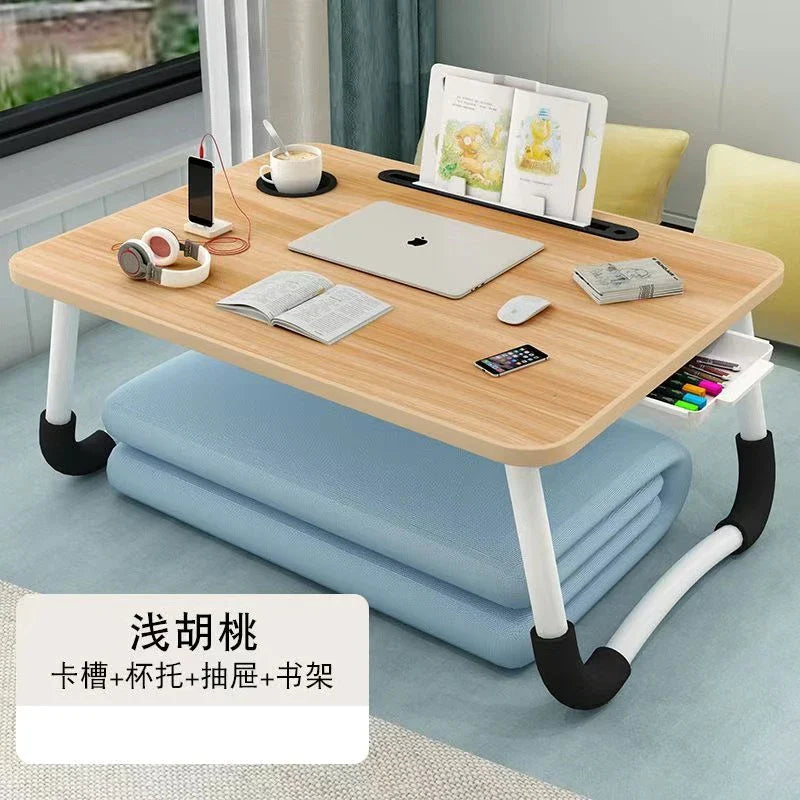 Foldable Laptop Desk for Bed & Sofa – Portable Lap Table with Cup, Book Holder, Drawer, and USB Slot