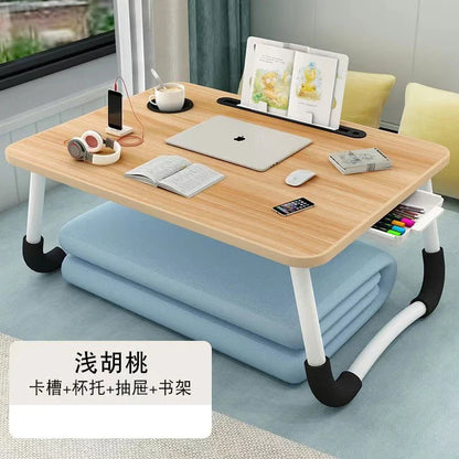 Foldable Laptop Desk for Bed & Sofa – Portable Lap Table with Cup, Book Holder, Drawer, and USB Slot