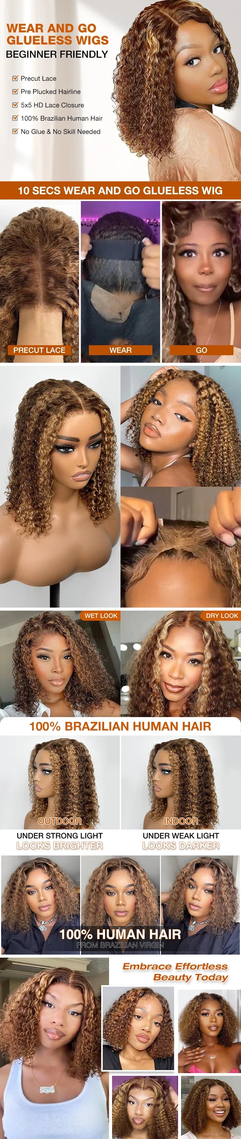 Deep Wave Honey Blonde Bob Wig — Glueless Human Hair Curly Wig, Pre-Plucked & Pre-Cut Ombre HD Lace Front, Highlight Wear-and-Go