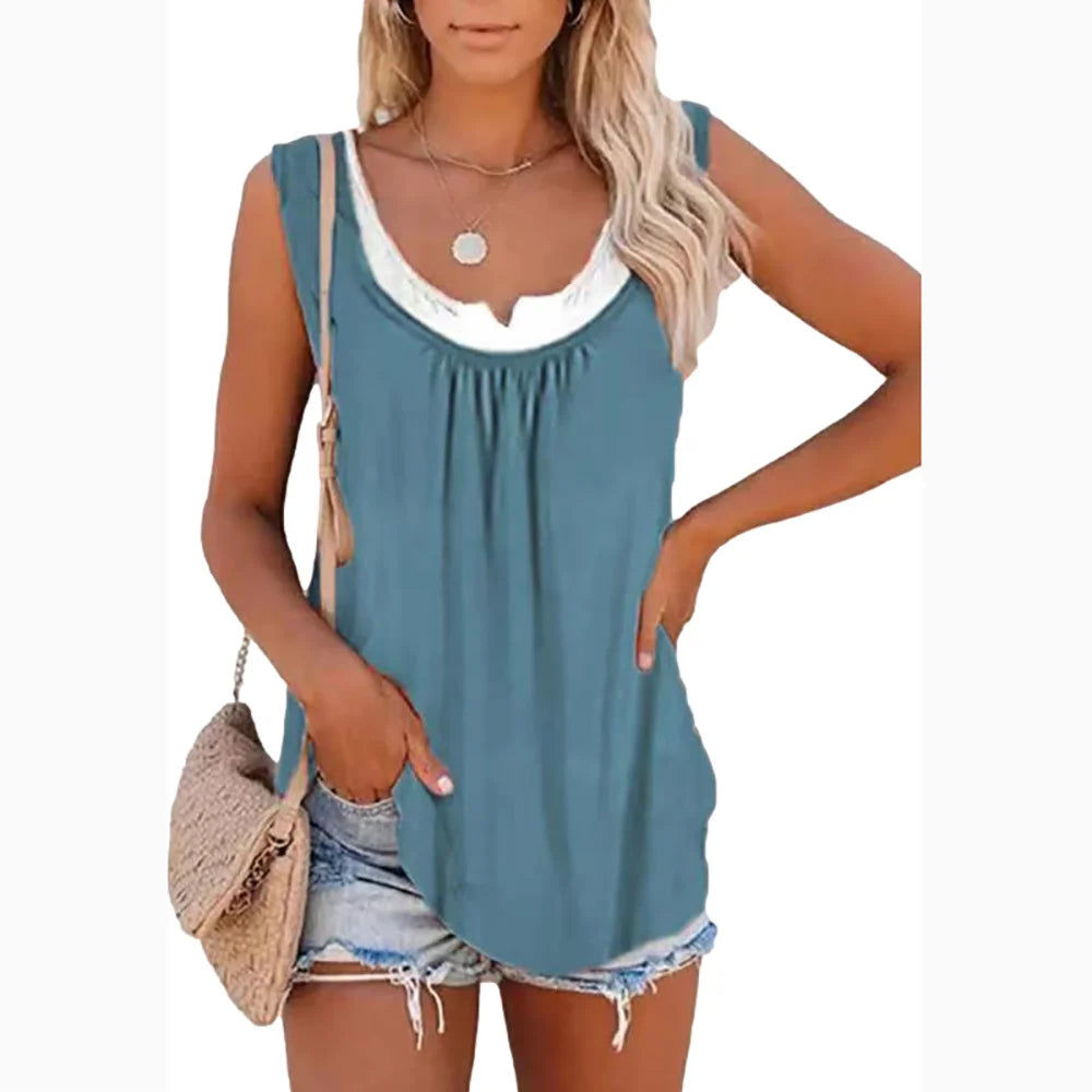 Women’s Two-Piece Look Leaf Print Tank Top - 2026 Summer Sleeveless Casual Loose Camisole with Pockets