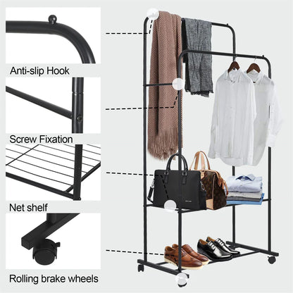 Heavy Metal Double Clothes Rack – Rolling Garment Display Stand with Storage Shelf, Closet Organizer