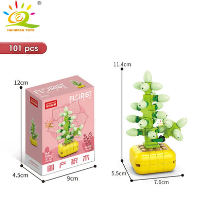 HUIQIBAO MOC Flower & Succulent Potted Building Block Set – DIY Eternal Bouquet, Home Desk Plant Decor, Girls & Kids Toy Gift