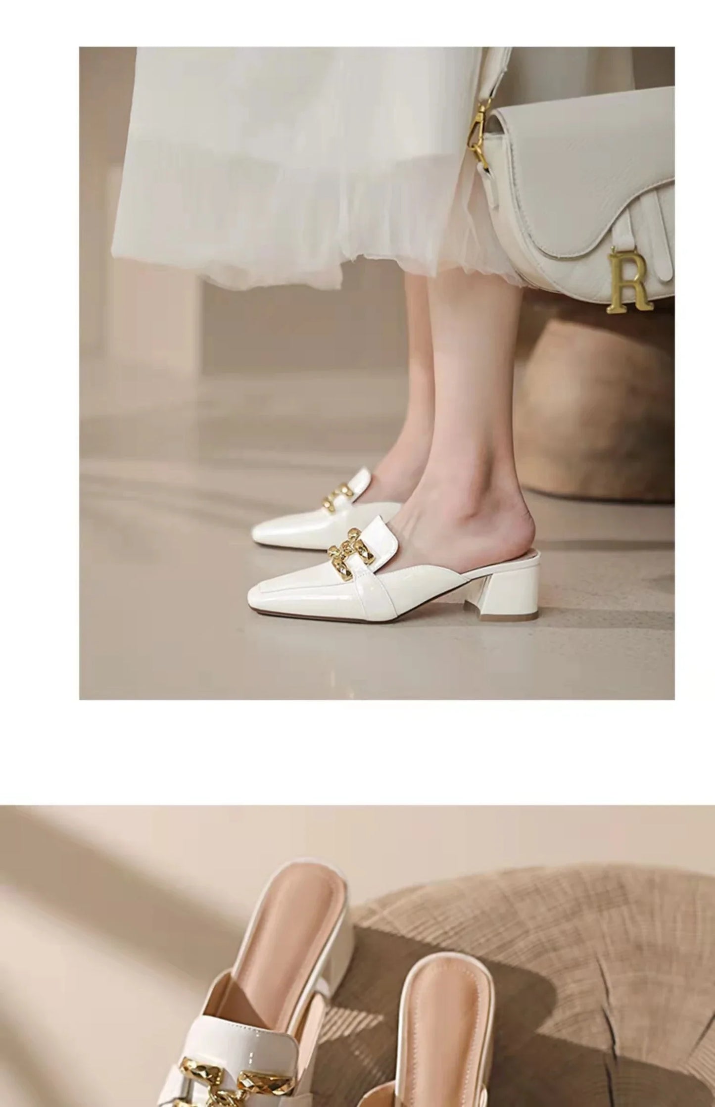 Fashion Women’s Half Slippers — Outdoor Med-Heeled Slides with Toe Chain Decoration, Luxury Square Heel Sandals 2023
