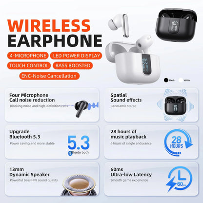 QERE E50 Wireless Earbuds - Bluetooth 5.3 HiFi Headphones with ENC Microphone Low Latency Audio