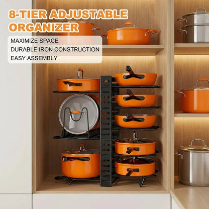 8 Tier Pot Rack Organizer - Space Saving Metal Holder for Pots, Pans & Lids Kitchen Storage Rack