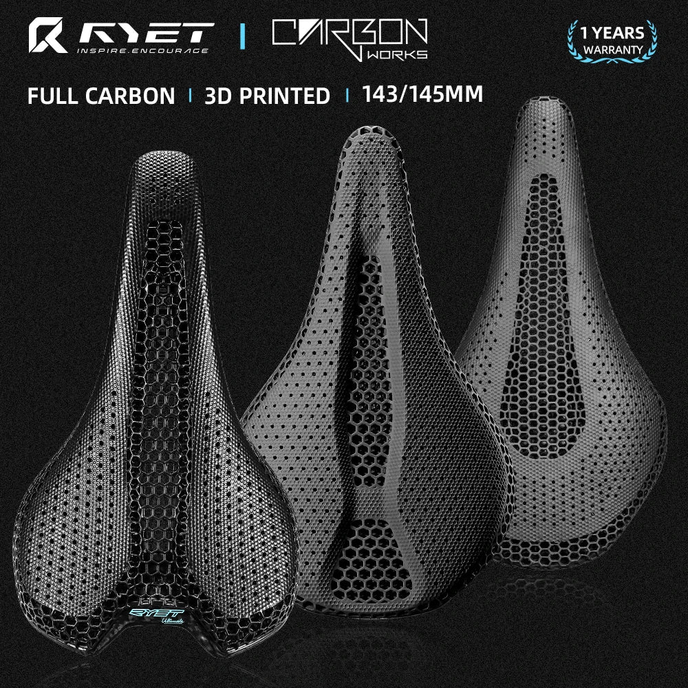 RYET Ultra Full Carbon 3D Printed Bike Saddle — 145mm Lightweight MTB Seat with High Modulus Carbon Fiber Base