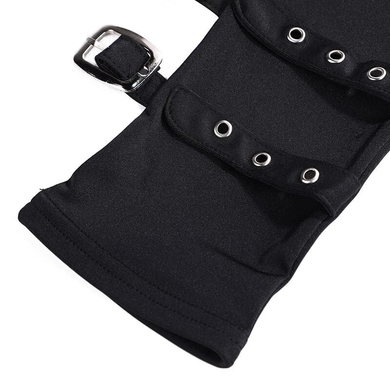 Women’s Punk Rivet Fingerless Gloves – Gothic Hip Hop Half Finger Wrist Mittens with Eyelet Ribbon, Harajuku Party & Streetwear Elbow Gloves