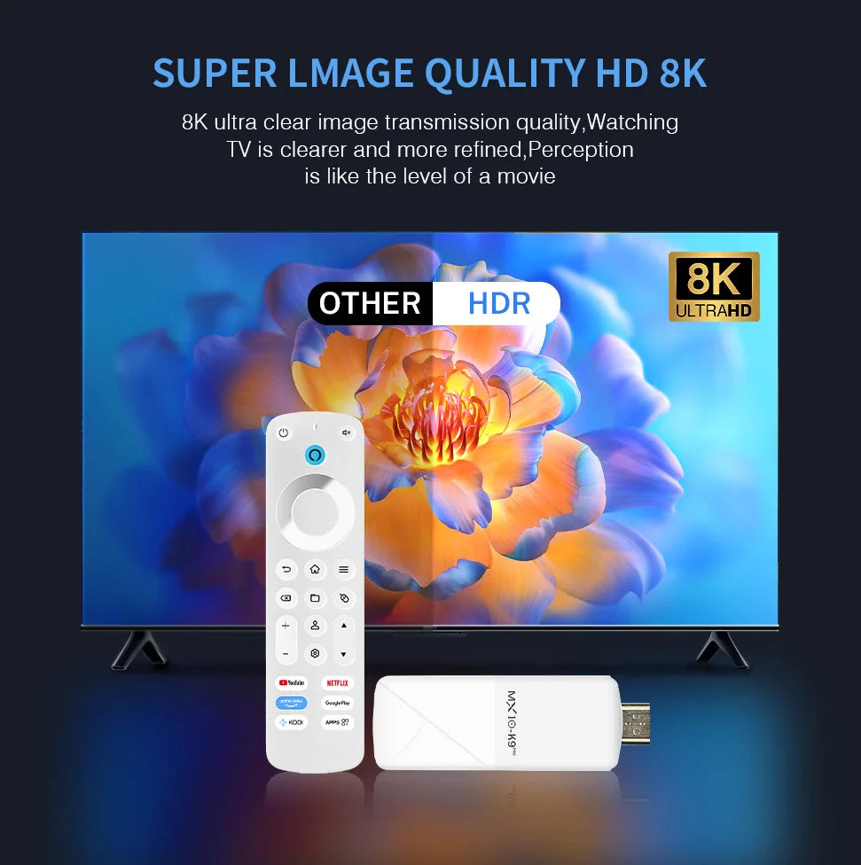 MX10 K9 PRO TV Stick – Android 13, 8K/4K Support, WiFi 6, Allwinner H618 Quad-Core, Voice Remote Smart TV Box