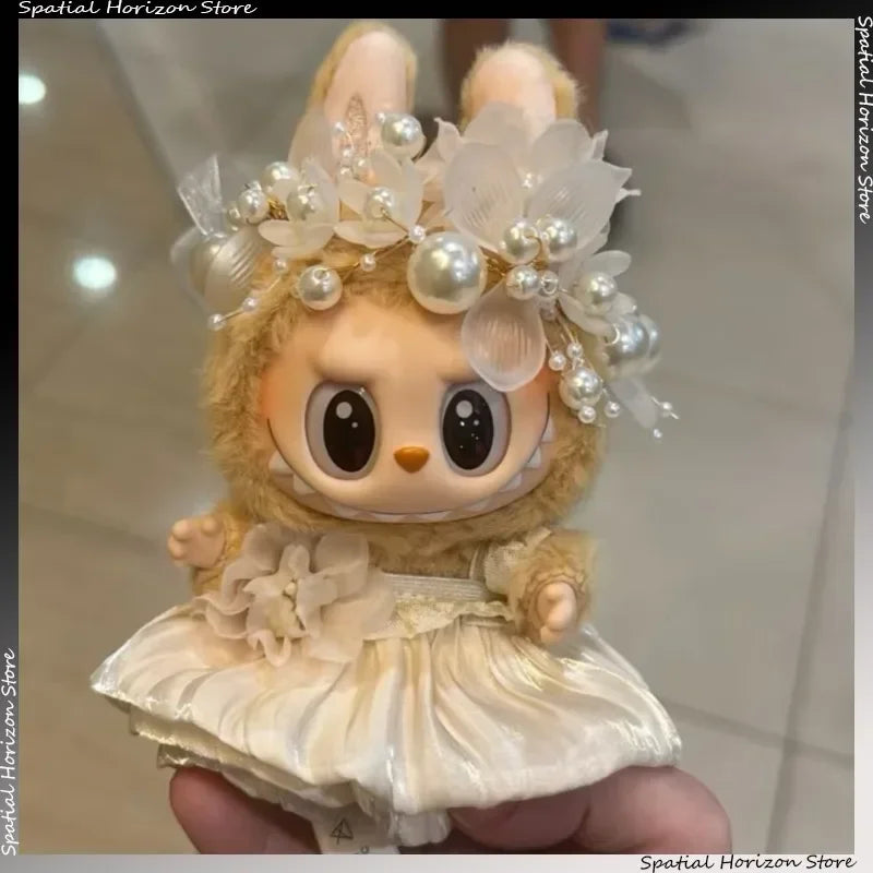 Mini Plush Doll Clothes Bud Skirt with Pearl Hair Accessory — Labubu I & II Kpop Idol Doll DIY Outfit Gift