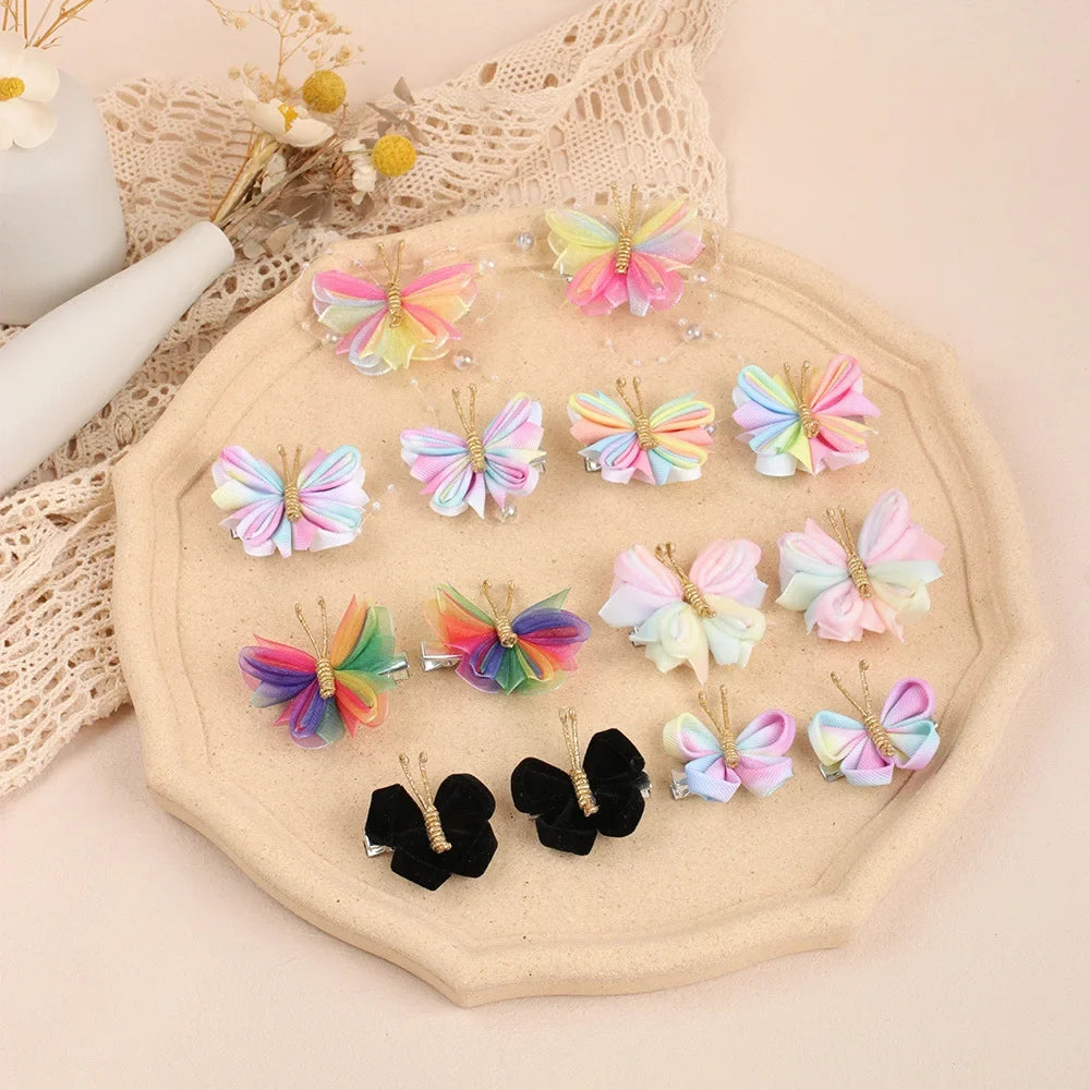 Butterfly Hair Clips with Gold Flocking - 2-Piece Gradient Gauze Hairpins for Girls