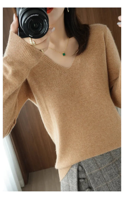 New Women’s Cashmere V-Neck Pullover – Lace Hollow Out Long Sleeve Knitted Sweater for Fall & Winter