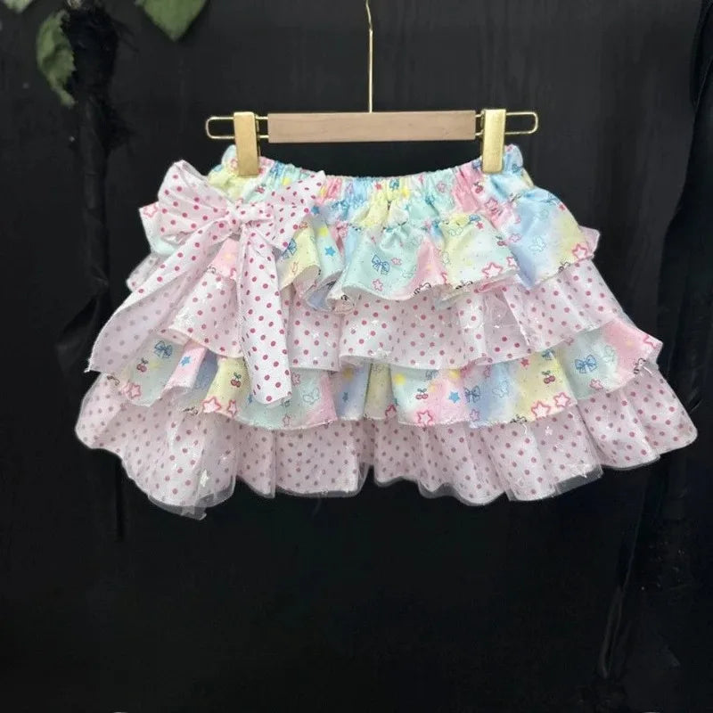 Japanese Kawaii Polka Dot Skirt - Y2K Bow Print Mini Skirt with Puffy Lolita Style