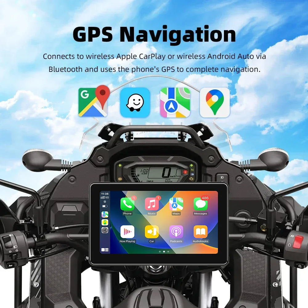 7-Inch Motorcycle GPS Navigation with Wireless Apple CarPlay & Android Auto – Waterproof Touchscreen Display, BT Connectivity, IPX7