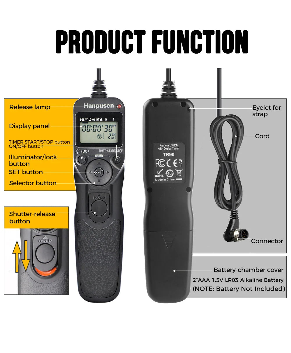 Camera Time Lapse Intervalometer — LCD Timer Remote Shutter Release for Canon, Nikon, Sony, Fujifilm, Olympus, Pentax