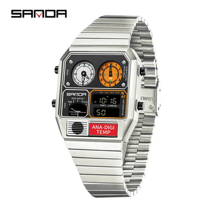 SANDA 3192 Men’s LED Square Watch — Youth Casual Multi-Function Stopwatch Thermometer Chronograph