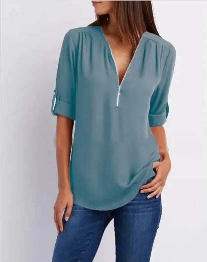 Women’s 2025 Hot Sale Loose Chiffon Blouse – Deep V-Neck Casual Top with Zipper Pullover Plus Size