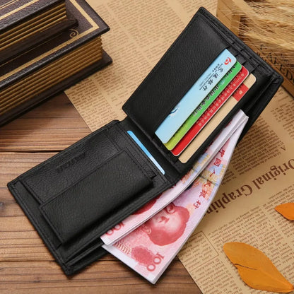 Genuine Leather Men’s Wallet – Premium Real Cowhide Short Black Wallet, Stylish Portefeuille Homme Purse