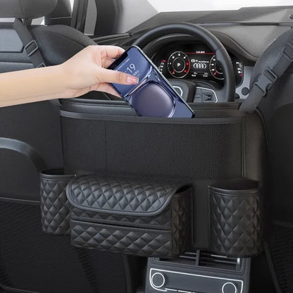 Car Seat Middle Hanger Storage Bag – Luxury Auto Handbag Holder, Tissue Pockets, and Seat Organization Bag