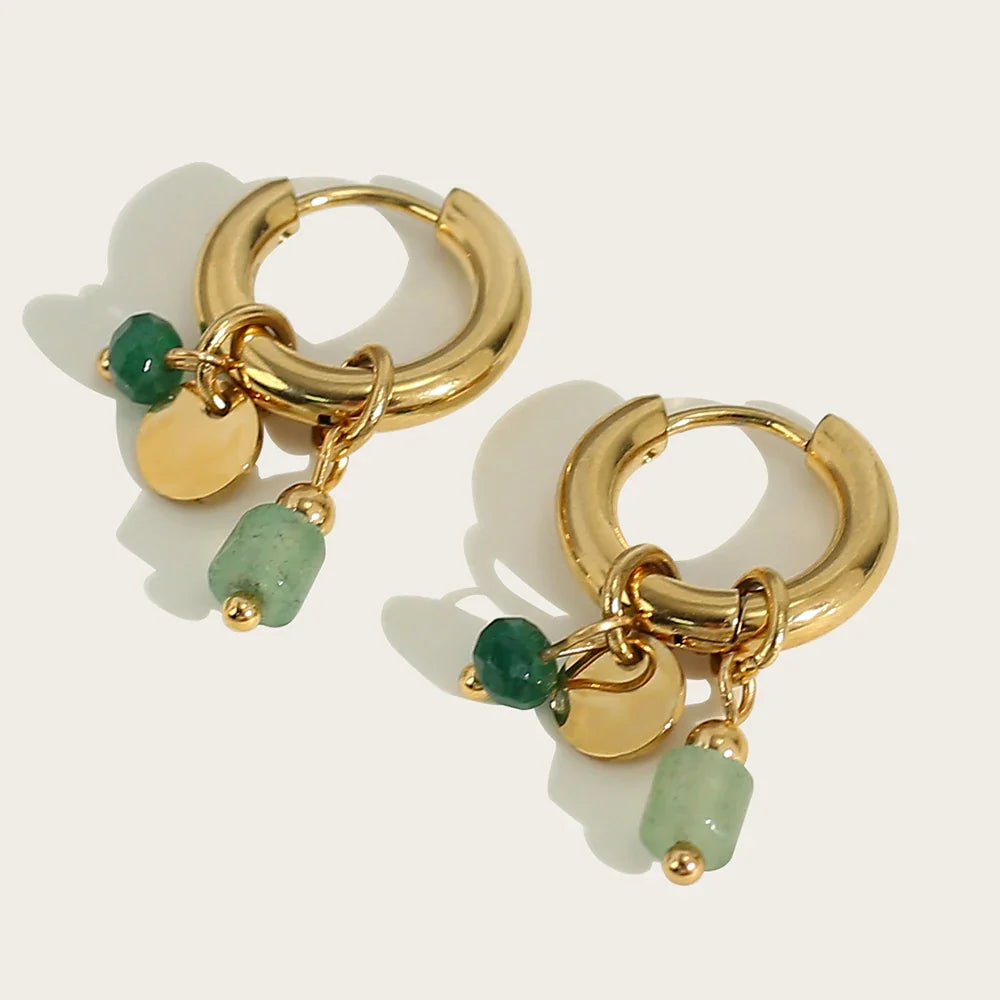 YACHAN 18K Gold-Plated Stainless Steel Hoop Earrings — Vintage Green Stone Charms, Trendy Waterproof Jewelry for Women