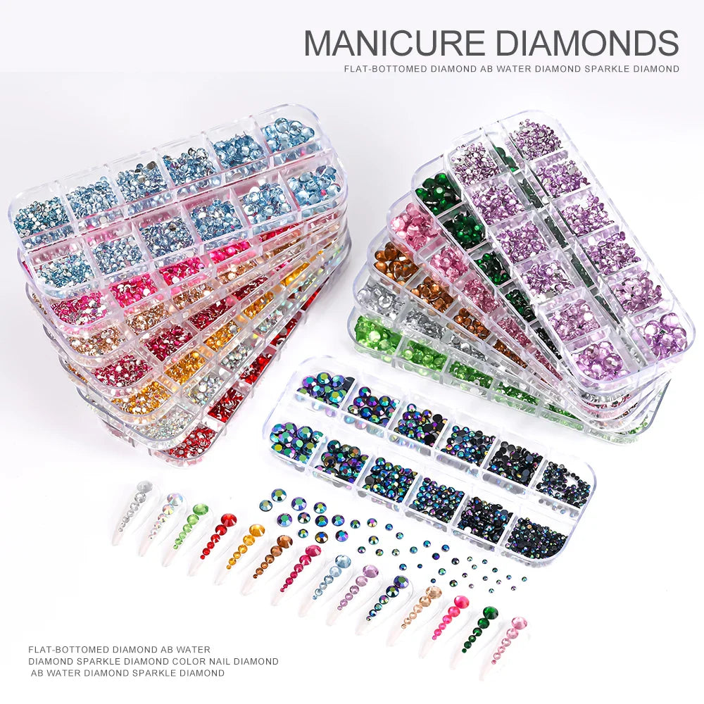 12-Grid 3D Glass AB Crystal Nail Art Rhinestones Kit – Flatback Round Beads with Tools for Nail Jewelry & Diamond Decoration