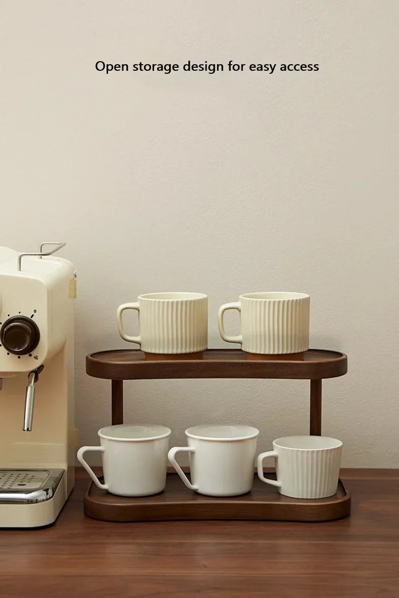 2-Tier Bamboo Makeup & Cup Organizer – Wooden Vanity Rack for Coffee Mugs, Counter & Kitchen Storage
