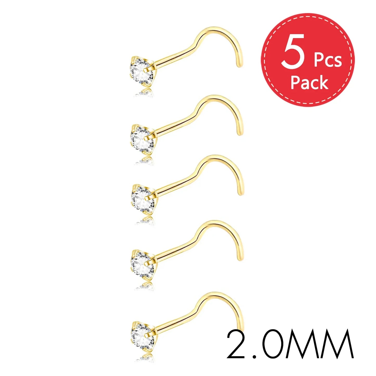 5PCS Stainless Steel Nose Ring Studs — Crystal Nostril Piercing Jewelry for Women & Girls, 1.5/2.0/2.5/3.0mm, 20G