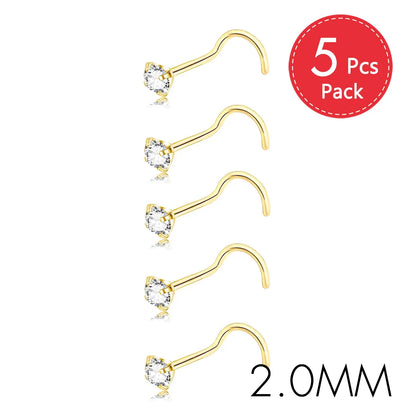 5PCS Stainless Steel Nose Ring Studs — Crystal Nostril Piercing Jewelry for Women & Girls, 1.5/2.0/2.5/3.0mm, 20G