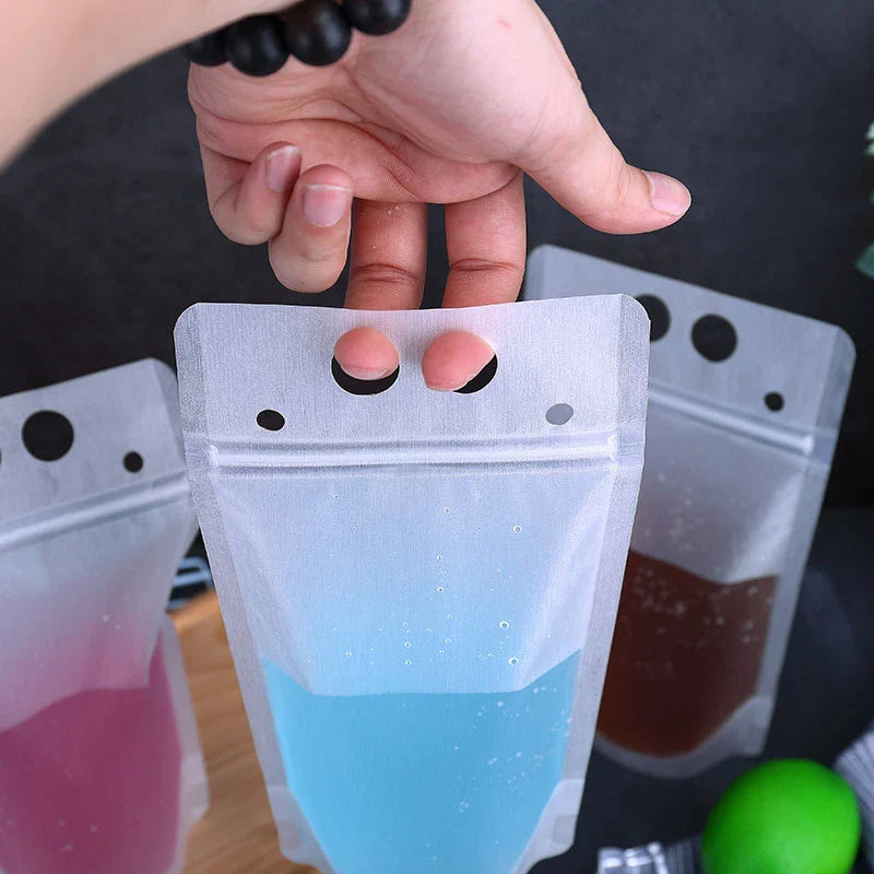 50PCS Frosted Disposable Plastic Liquid Bags with Straw - Sealable Pouches for Juice, Coffee, and Drinks - Perfect for Parties