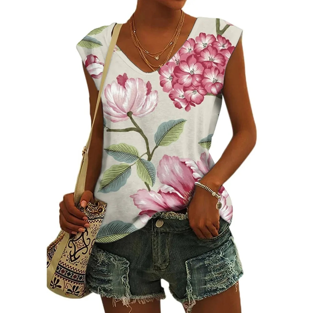 Women’s Floral Print T-Shirt - V Neck Cap Sleeve Loose Fit Summer Beach Top with Breathable Casual Style