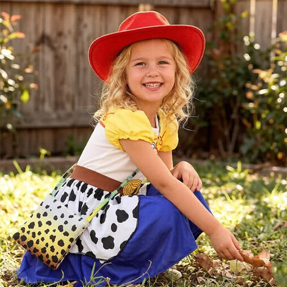 Kids Cowgirl Costume Dress - Girls Cartoon Print Short Sleeve Halloween Cosplay Party Outfit