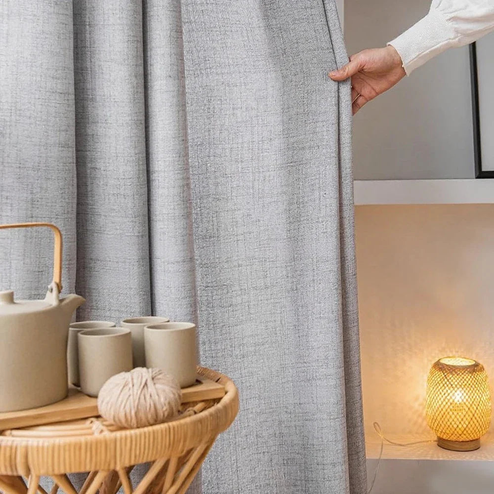 Modern Solid Color Pleated Window Curtain – Texture Floor-Length Yarn Cotton Translucent Curtain for Home