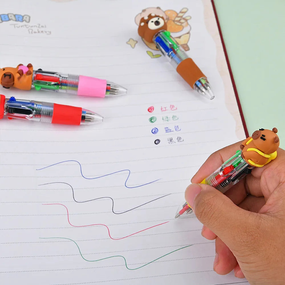 4-Color Retractable Ballpoint Pen Set - Cute Capybara Cartoon Journal Pens for Students & Gifts