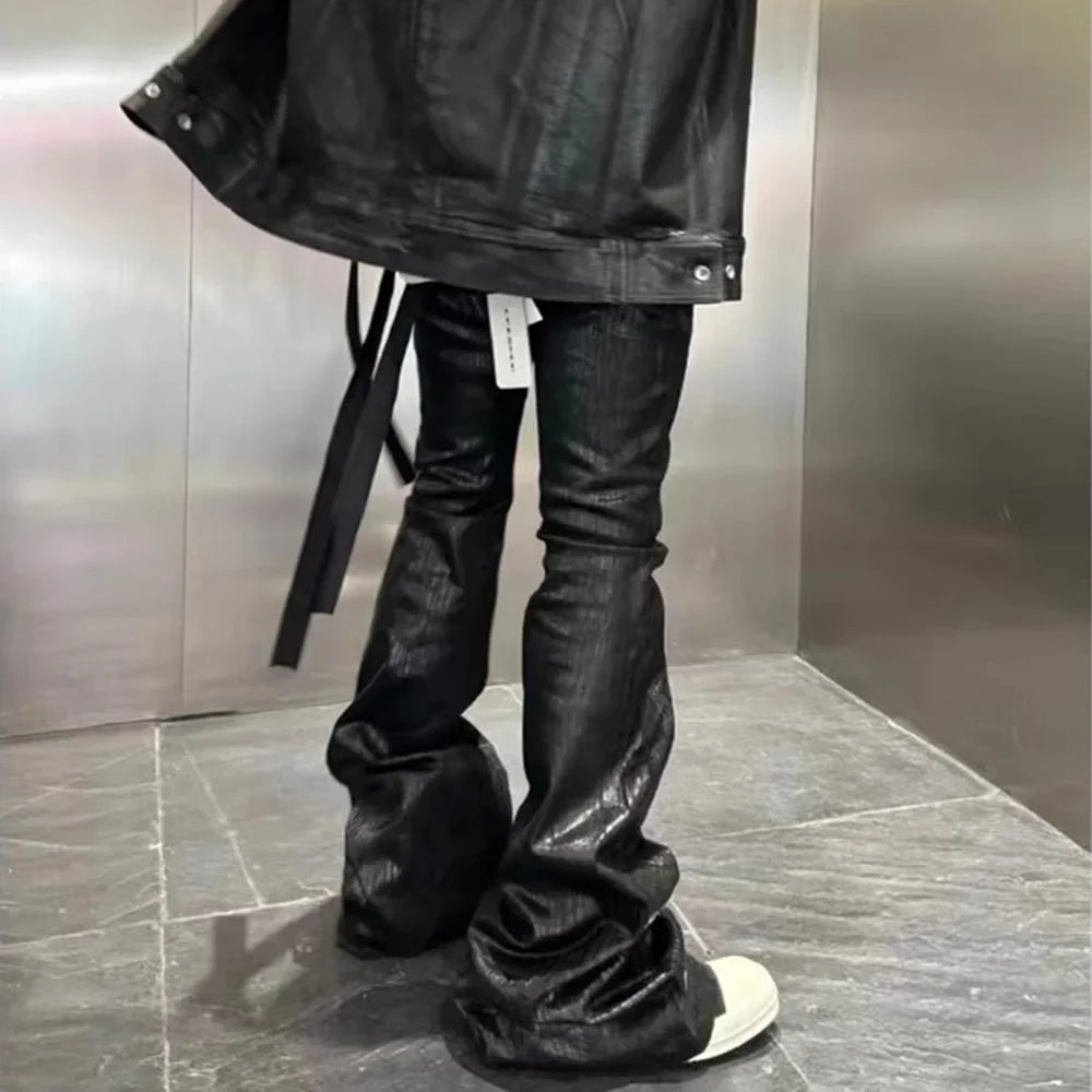 Men’s Streetwear Black Wax Leather Stretch Jeans — Baggy Y2K Flare Oversized Straight Denim Trousers